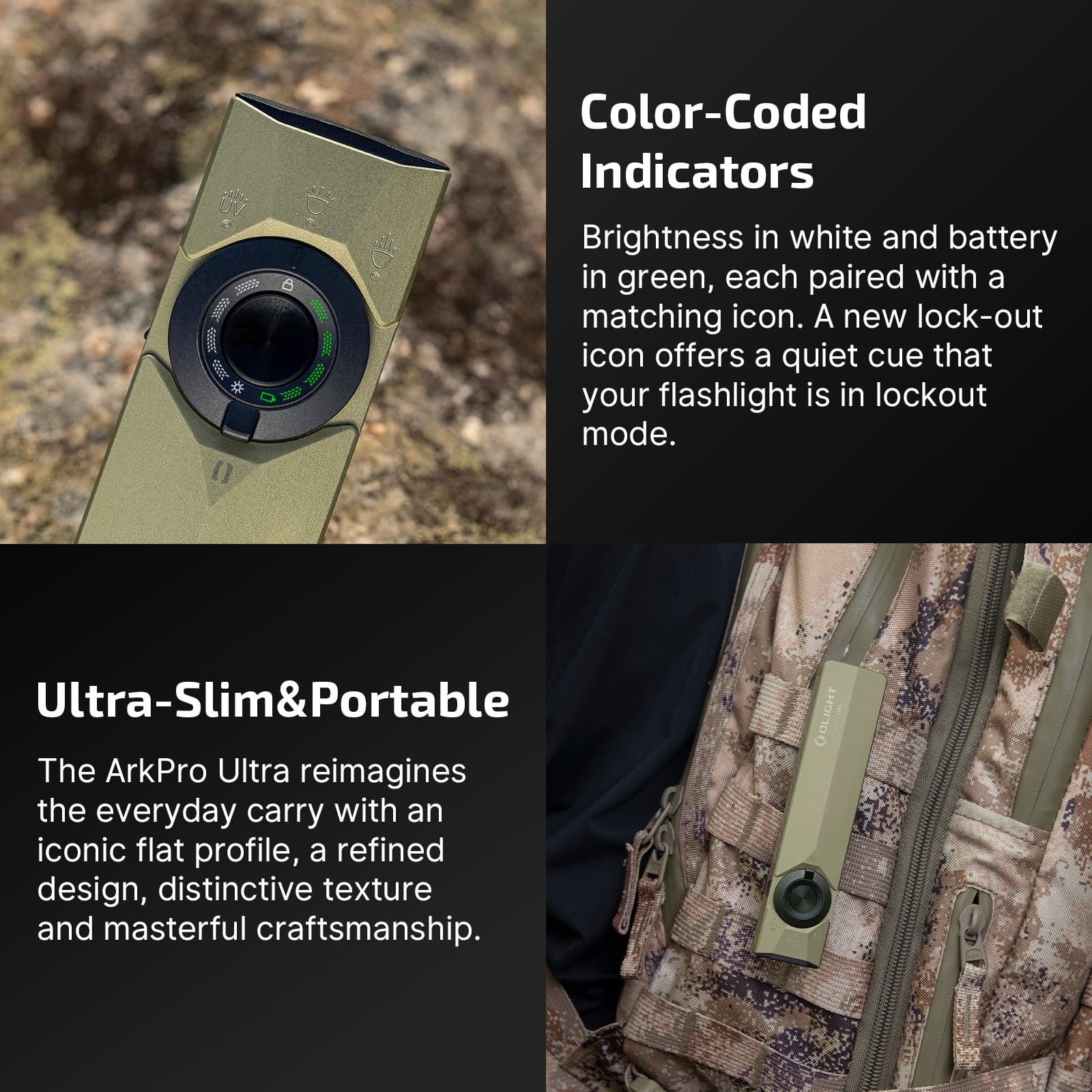 Olight ArkPro Ultra flat flashlight featuring color-coded battery and brightness indicators