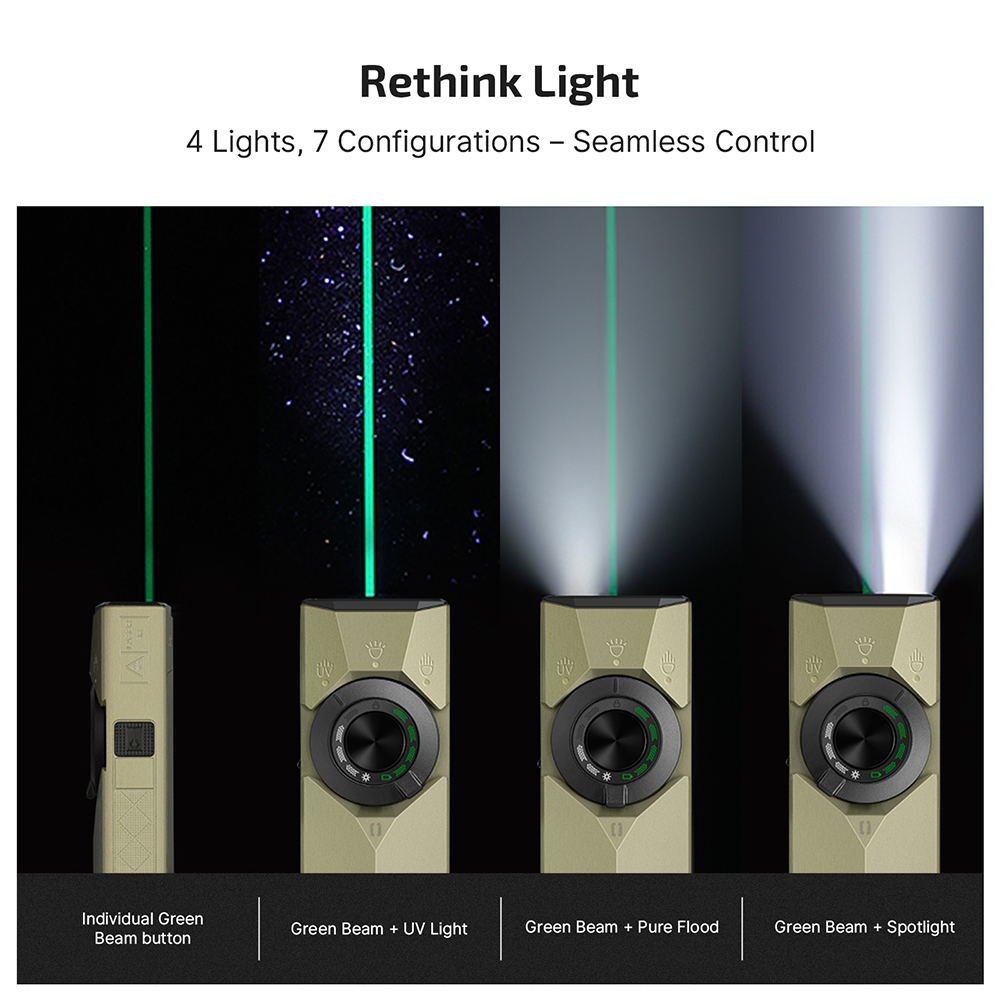 Multi-functional EDC flashlight featuring 4 lights and 7 configurations: individual green beam, UV light, pure flood, and spotlight modes for seamless light control.