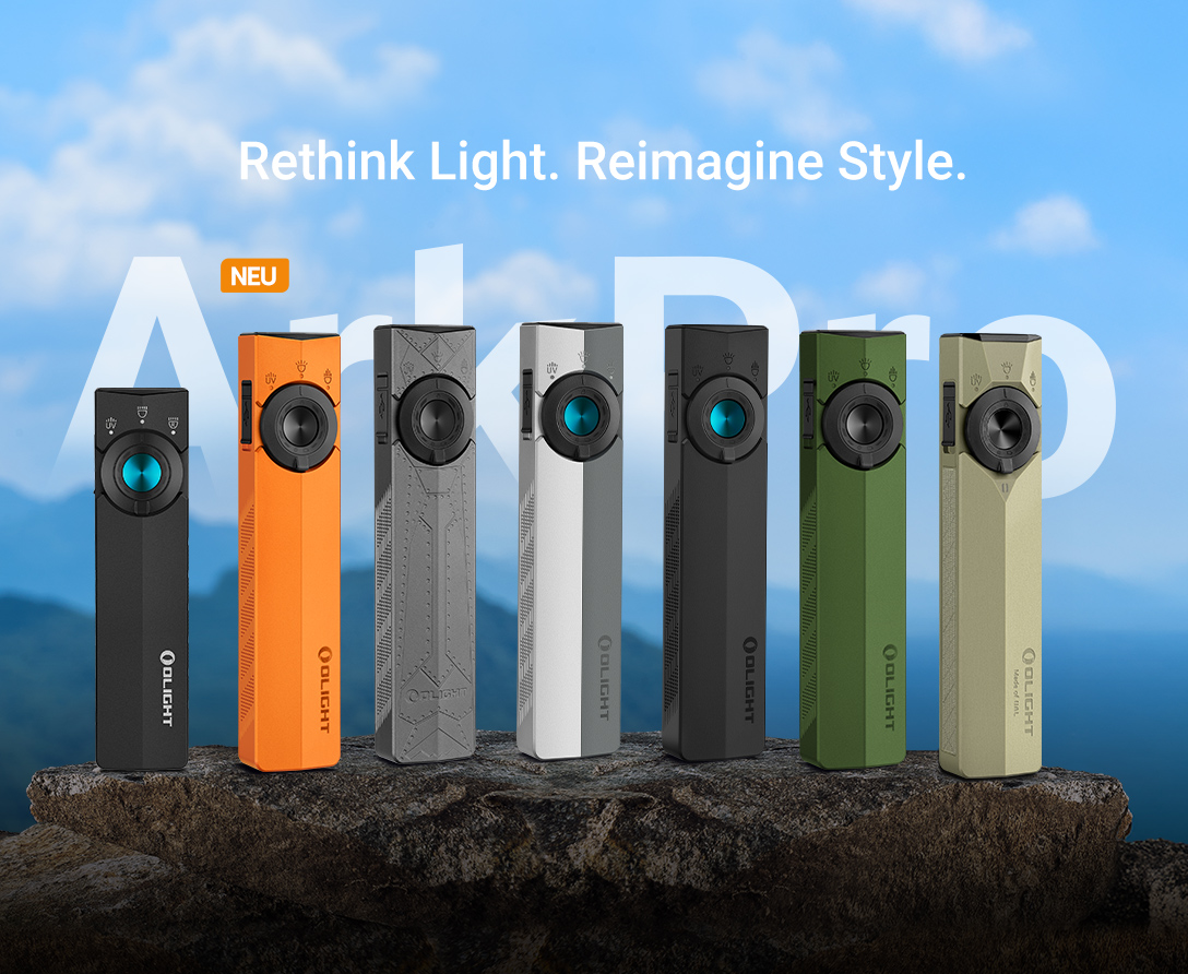 Olight ArkPro LED-Taschenlampen in verschiedenen Farben auf Felsen