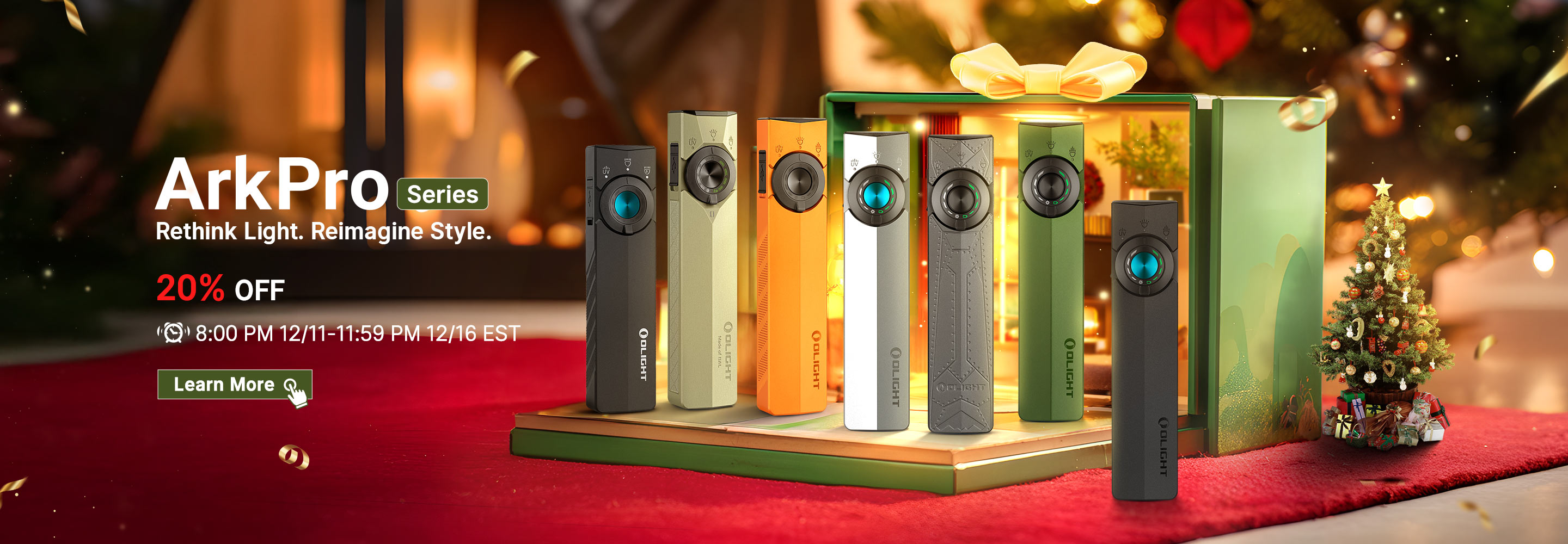 Olight ArkPro Series multi-tool flashlights in assorted colors and designs, showcasing a 20% off holiday sale in a festive Christmas gift box scene. Rethink Light. Reimagine Style. Learn more.