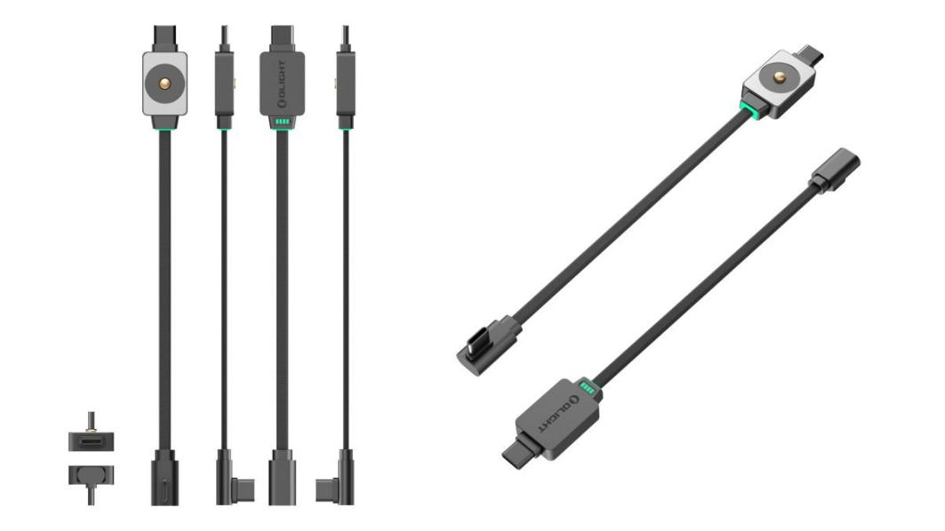 오라이트 플래시라이트용 마그네틱 및 USB-C 충전 케이블 상세 구조 및 3D 렌더링 이미지