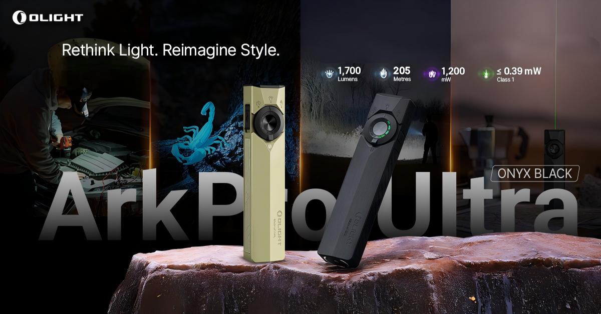Olight ArkPro Ultra flat EDC flashlight in green and onyx black, featuring multiple light sources