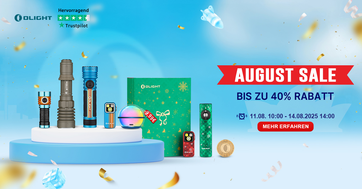 Olight August Sale Banner mit bis zu 40% Rabatt auf Taschenlampen