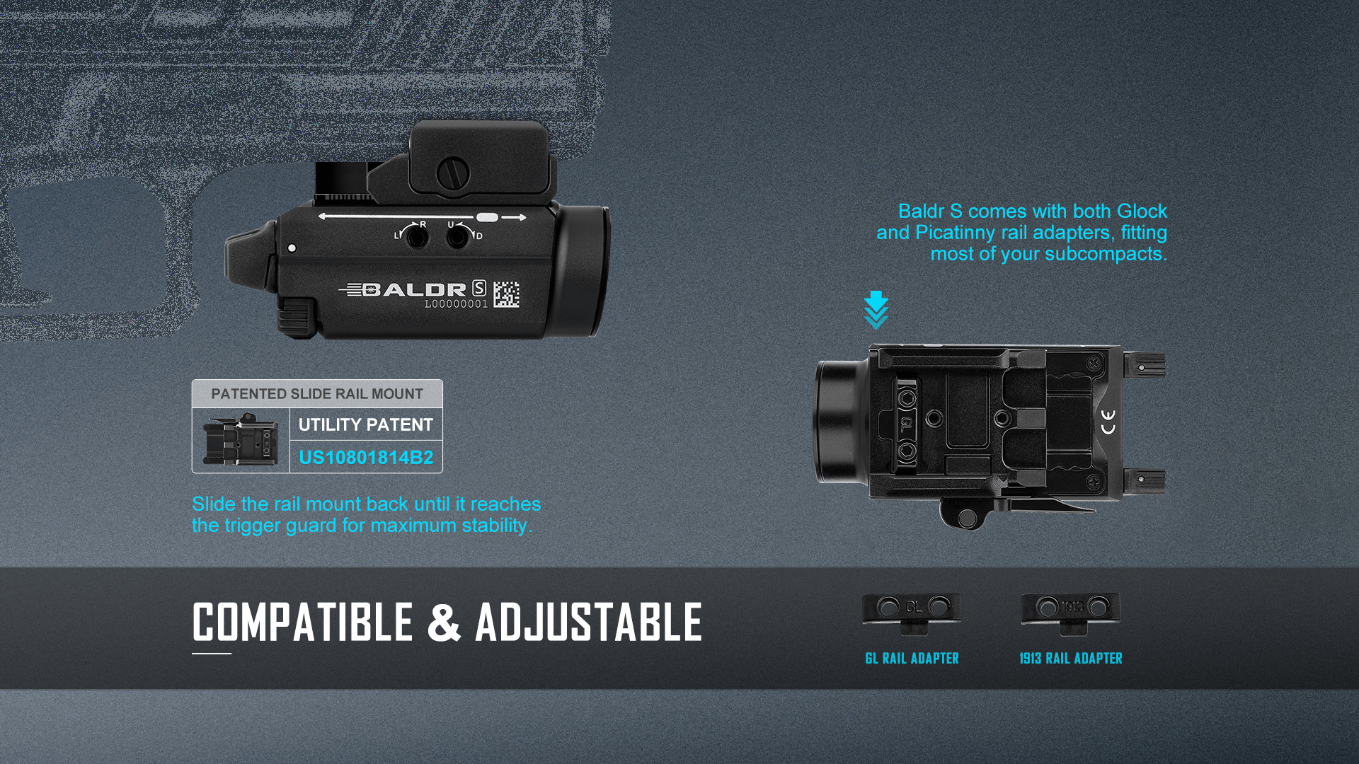 Baldr S tactical weapon light featuring a patented slide rail mount and adjustable design. Includes Glock and Picatinny rail adapters for most subcompact pistols, ensuring maximum stability and a perfect fit.