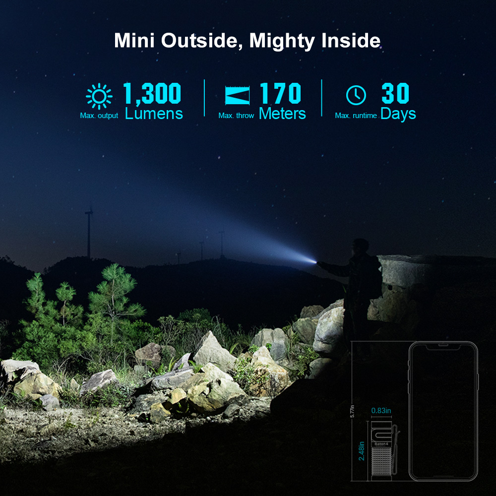 Olight Baton 4 mini flashlight with 1,300 lumens and 170m throw used outdoors at night.