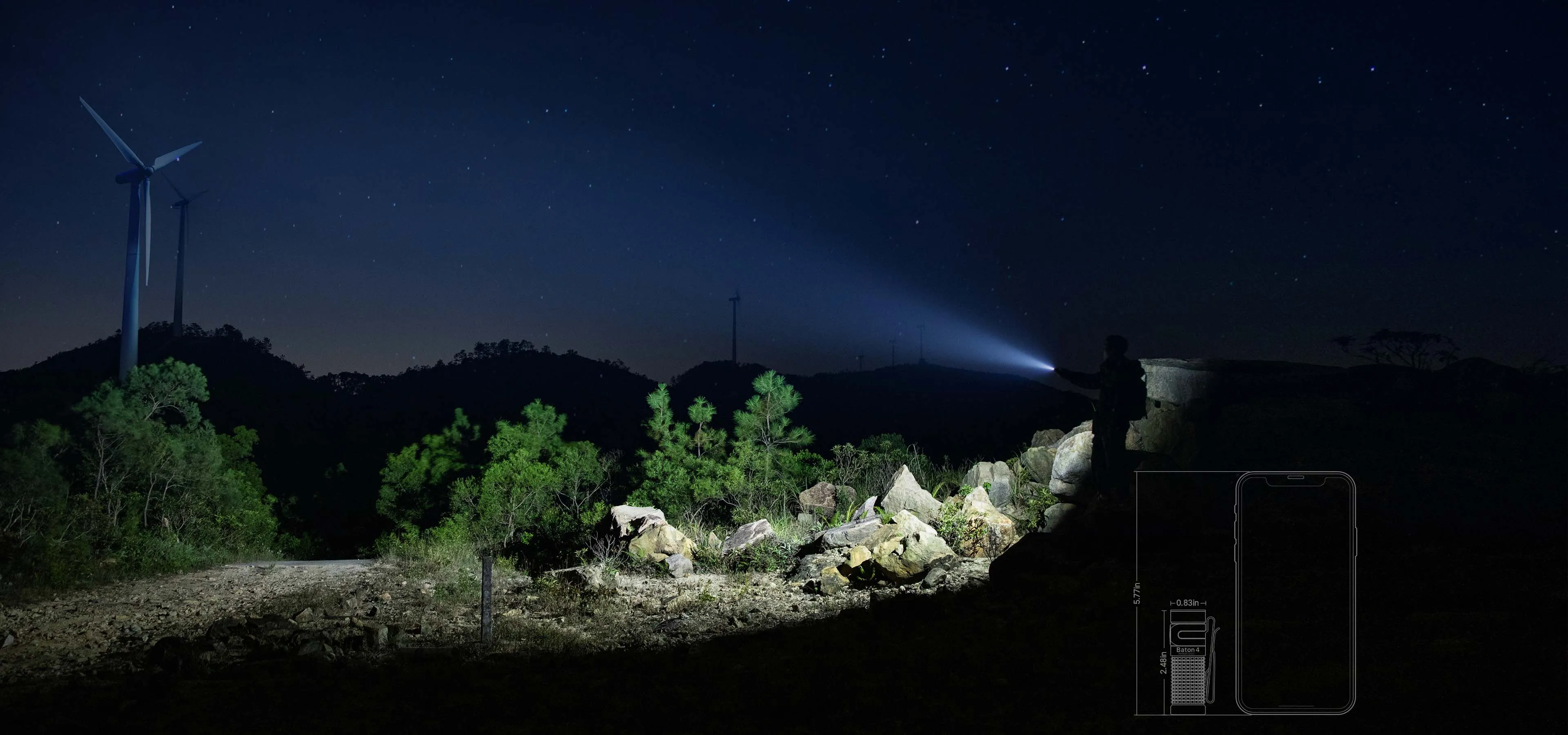 Lampe de poche compacte et puissante &eacute;clairant un sentier de randonn&eacute;e nocturne en montagne