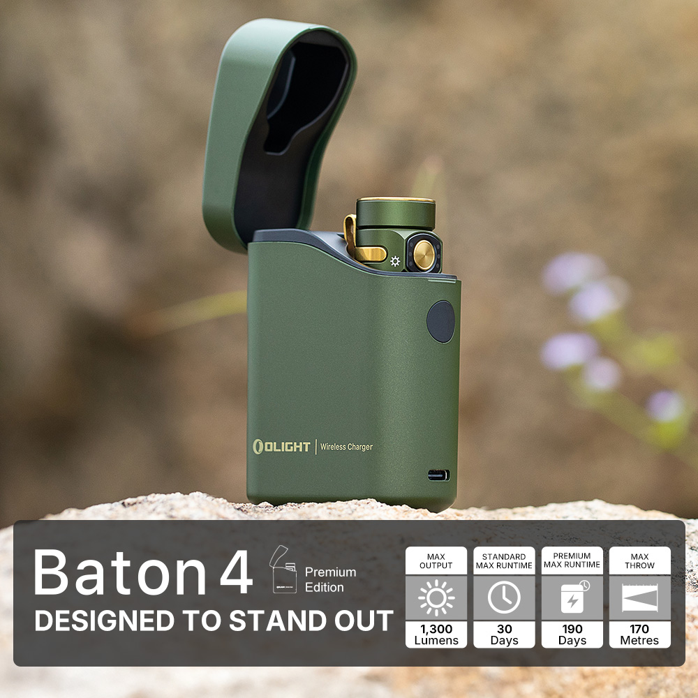 Olight Baton 4 Premium Edition forest green EDC flashlight in a wireless charging case. Features 1,300 lumens, 170 meters throw, and long runtime.