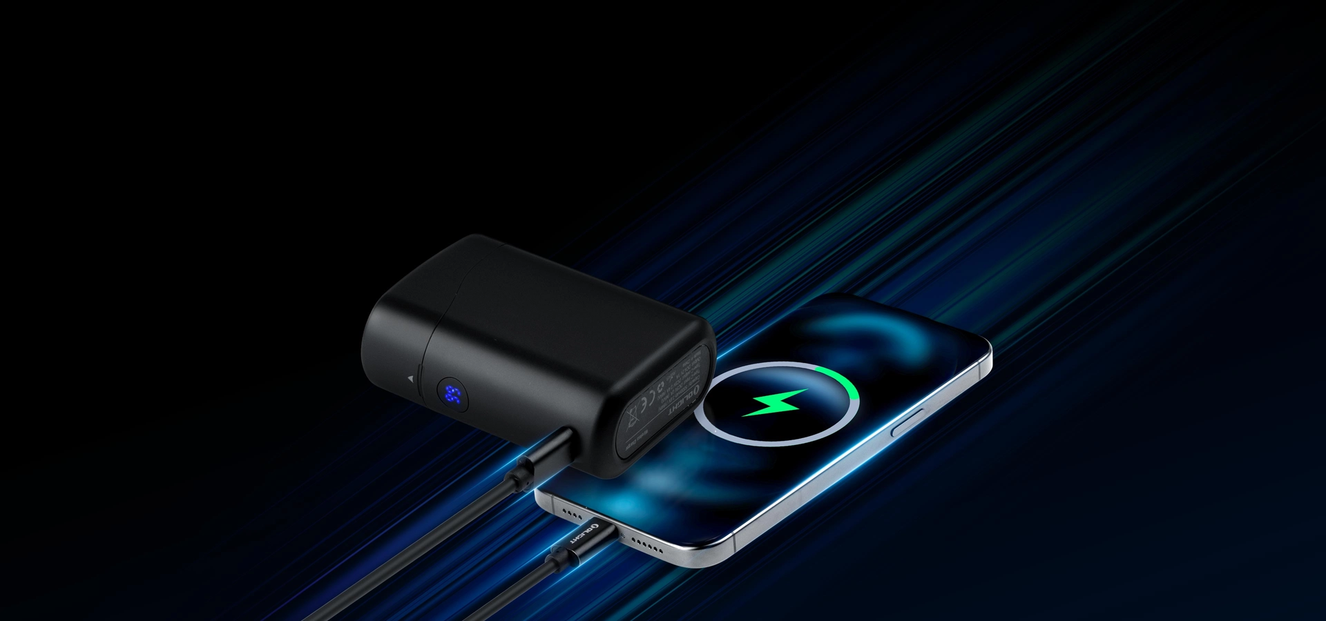 Portable power bank fast charging device with USB-C cable