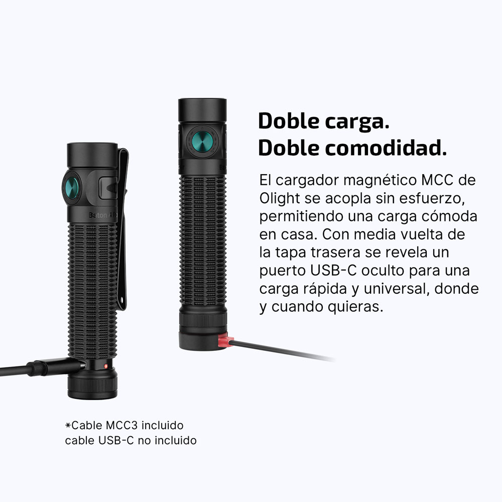Linterna LED recargable Olight Baton 4 Pro con doble sistema de carga: magn&eacute;tico MCC3 y puerto USB-C oculto en anillo giratorio.