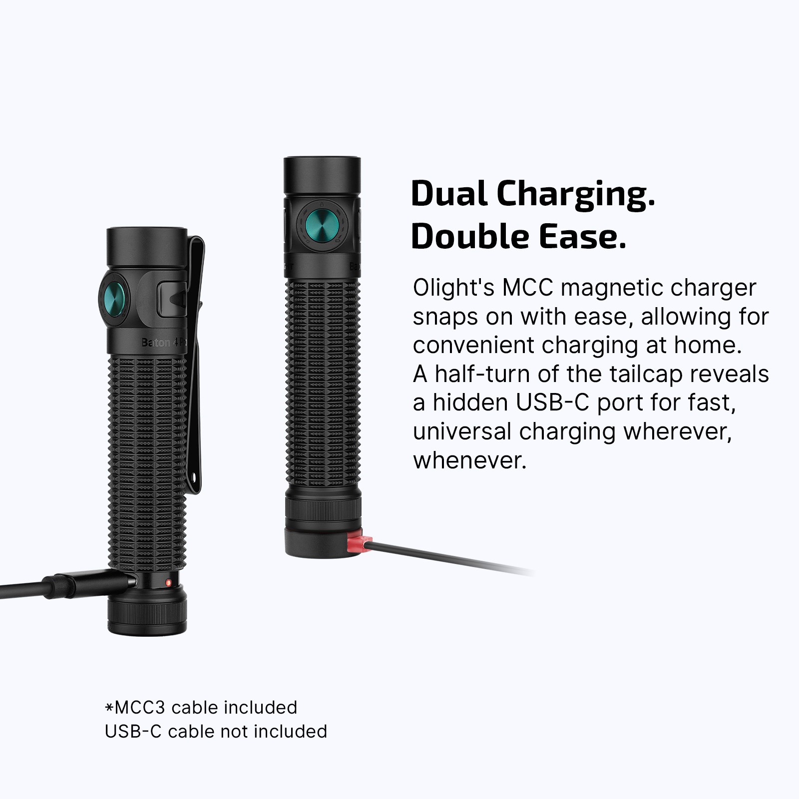 Olight Baton 4 Pro EDC flashlight featuring dual charging options with magnetic MCC charger and hidden USB-C port for fast, versatile power.
