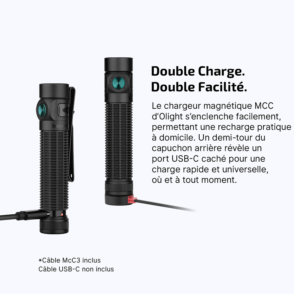 Lampe de poche LED Olight avec double option de charge : câble magnétique MCC et port USB-C caché.