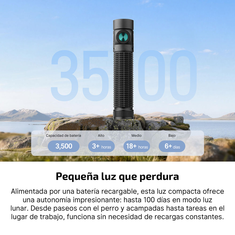 Linterna LED recargable Olight Baton 4 Pro con bater&iacute;a de 3500 mAh, 100 d&iacute;as en modo luna, ideal para senderismo y camping.