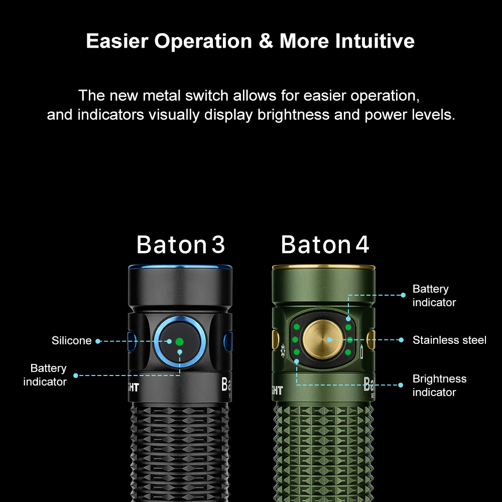 Comparison of Olight Baton 3 and Baton 4 flashlights showing the upgraded stainless steel switch and intuitive LED indicators.