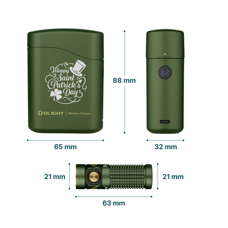 Olight Saint Patrick's Day Edition green wireless charger and compact LED flashlight showing dimensions.