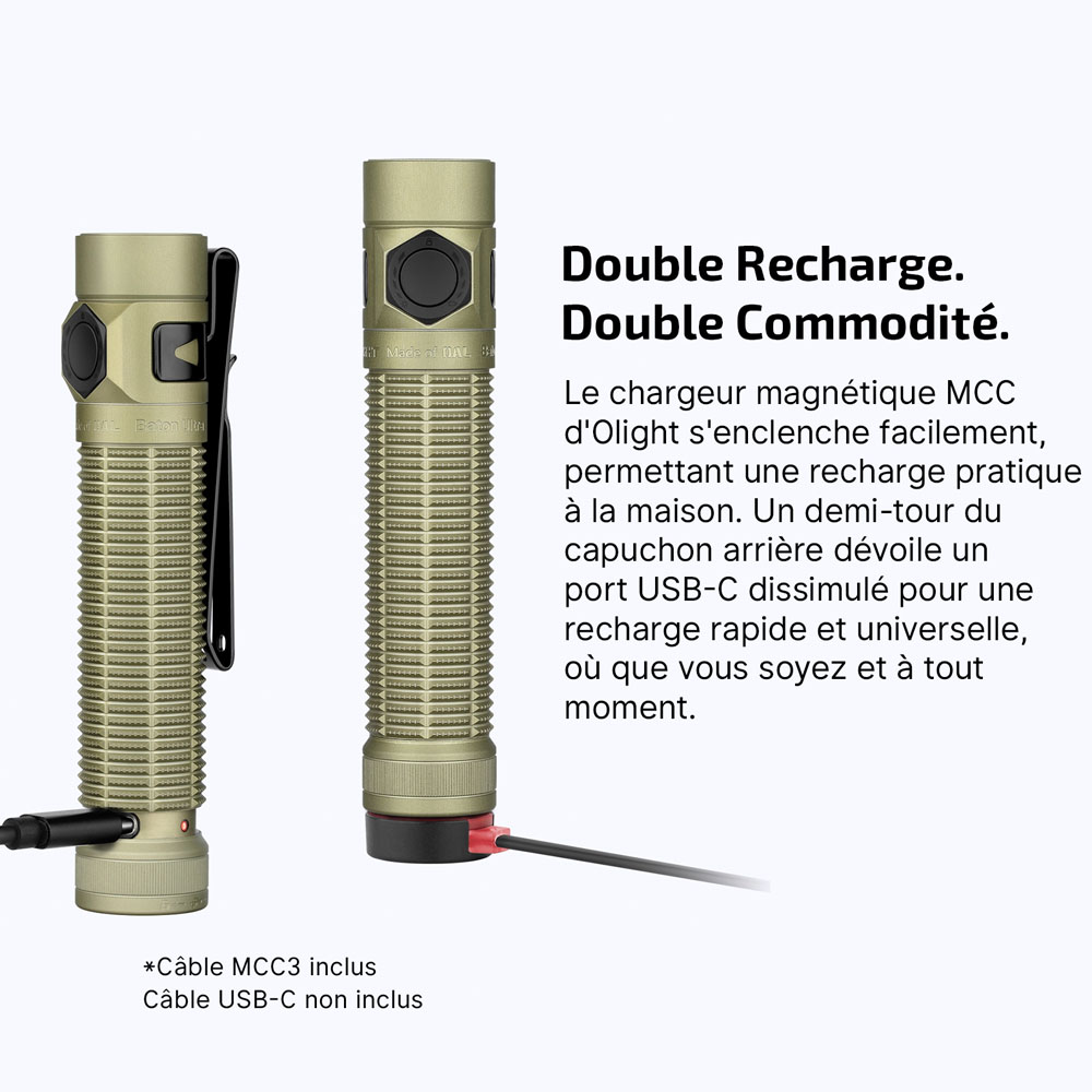 Lampe torche Olight Baton Ultra avec double option de recharge MCC3 et USB-C.