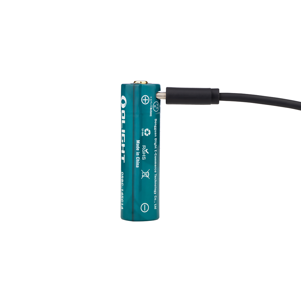 Olight ORBC-145C14 14500 rechargeable Li-ion battery with integrated USB-C charging port and connected cable.