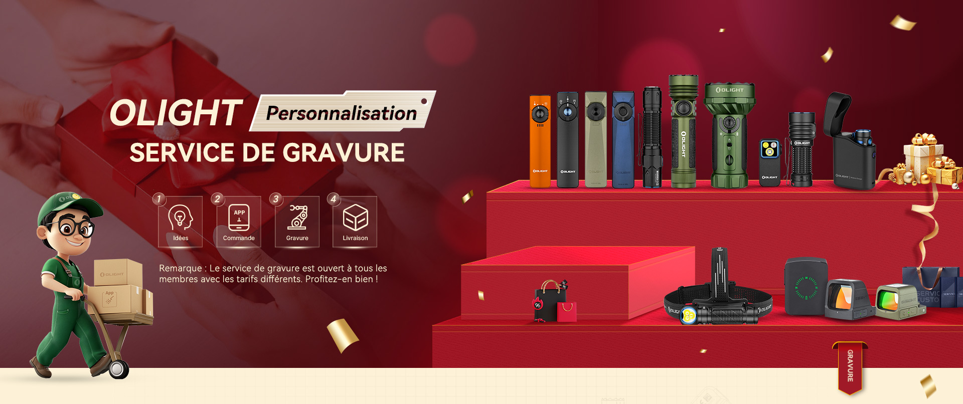 Service de gravure personnalis&eacute;e Olight sur une lampe de poche.