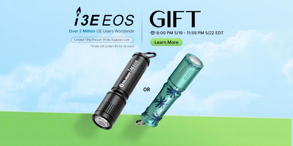 Olight i3E EOS keychain flashlight gift promotion featuring black and teal palm tree designs. Compact EDC LED flashlights on a blue sky background, highlighting a limited-time offer from May 19th to May 22nd.