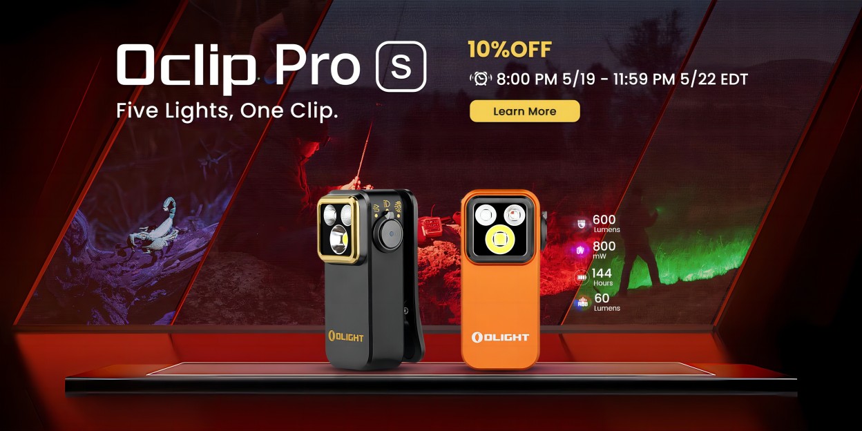 Olight Oclip Pro S multi-functional clip-on light for EDC and camping. Features 600 lumens, UV, and RGB modes. Promotional banner showing orange and black models with outdoor use cases like fishing and scorpion detection. 10% OFF limited time offer.