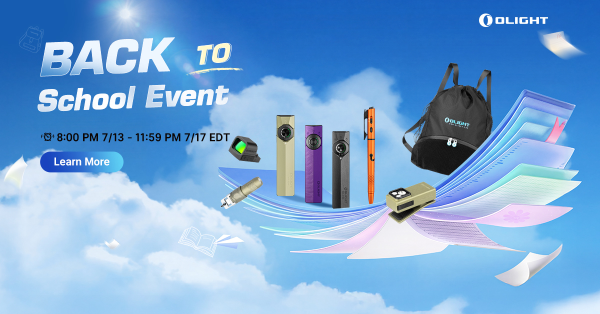 Olight Back to School Event banner featuring EDC flashlights, pens, and a backpack on a blue sky background.