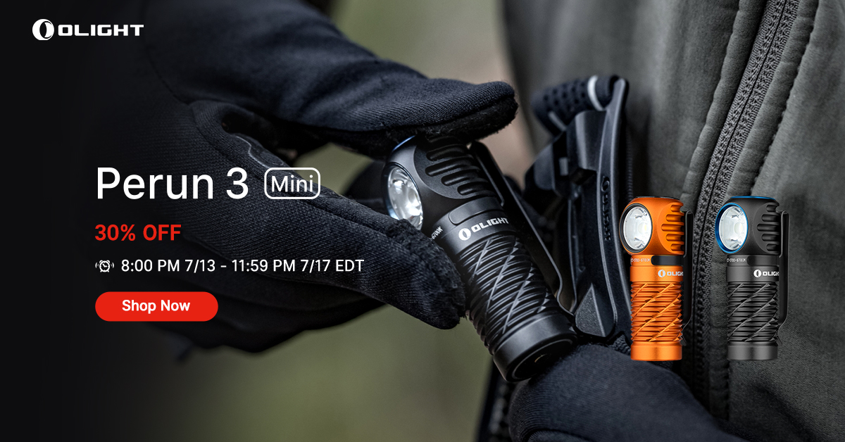 Olight Perun 3 Mini tactical headlamp and flashlight banner.