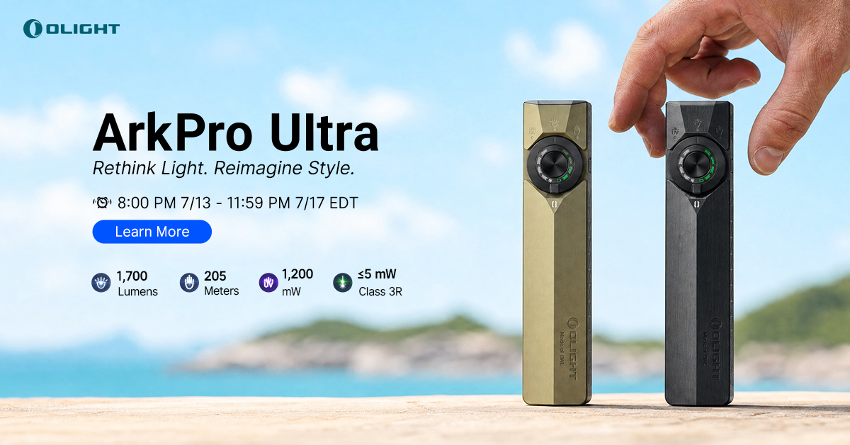 Olight ArkPro Ultra EDC flat flashlight in gold and black, featuring 1700 lumens, UV light, and green laser, showcased on an outdoor background.