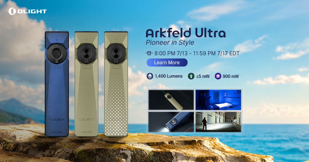 Olight Arkfeld Ultra flat flashlight banner showing blue and green EDC pocket lights with green laser, UV light, and 1400 lumens features against a scenic ocean background.