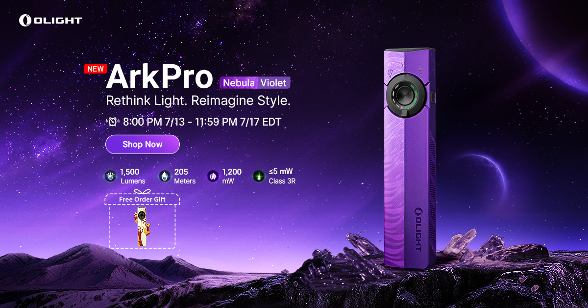 Olight ArkPro flat EDC flashlight in Nebula Violet, featuring 1500 lumens, 205m beam, UV light, and green laser on a purple promotional background.