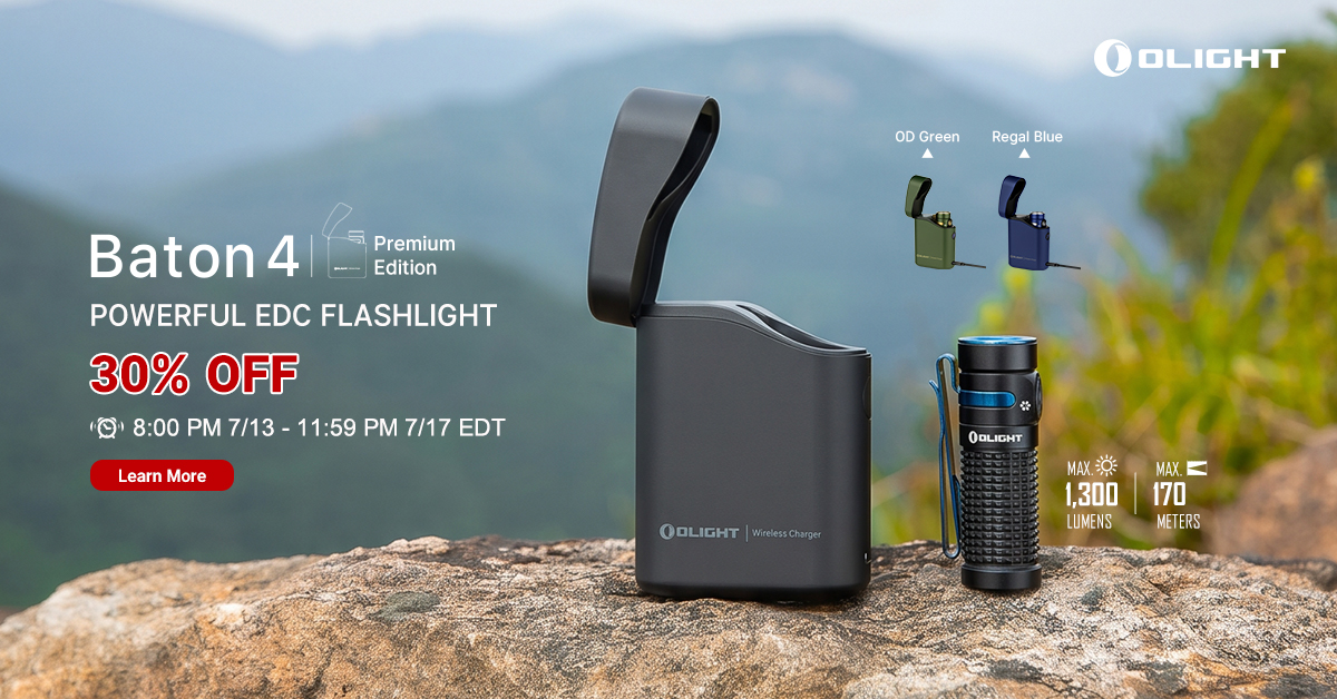 Olight Baton 4 premium EDC flashlight promotional banner.