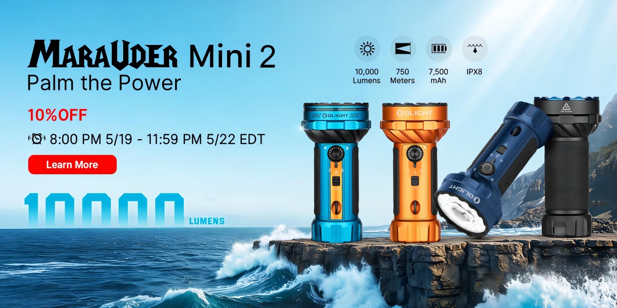 Olight Marauder Mini 2 powerful flashlight promotion featuring 10,000 lumens, 750m throw, and IPX8 waterproof rating. Portable high-lumen searchlights in various colors displayed on a coastal cliff background.