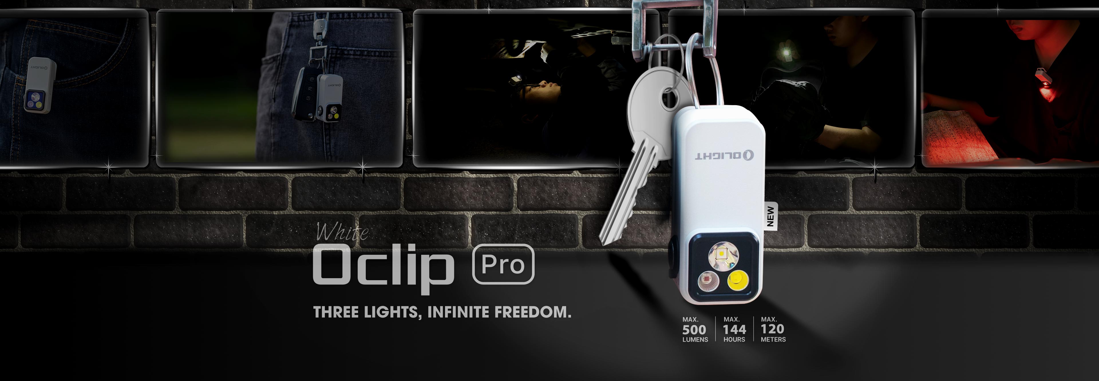 Olight Oclip Pro white multi-function clip light with 500 lumens, 144-hour runtime, and 120-meter beam. Featured in use as a pocket clip, keyring, and hands-free task light, including red light mode.