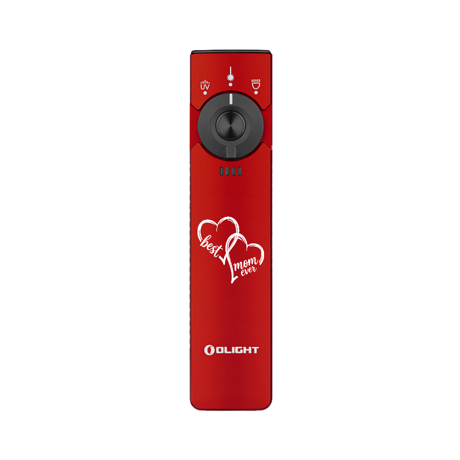 Red Olight Arkfeld EDC flashlight with custom Best Mom Ever heart engraving
