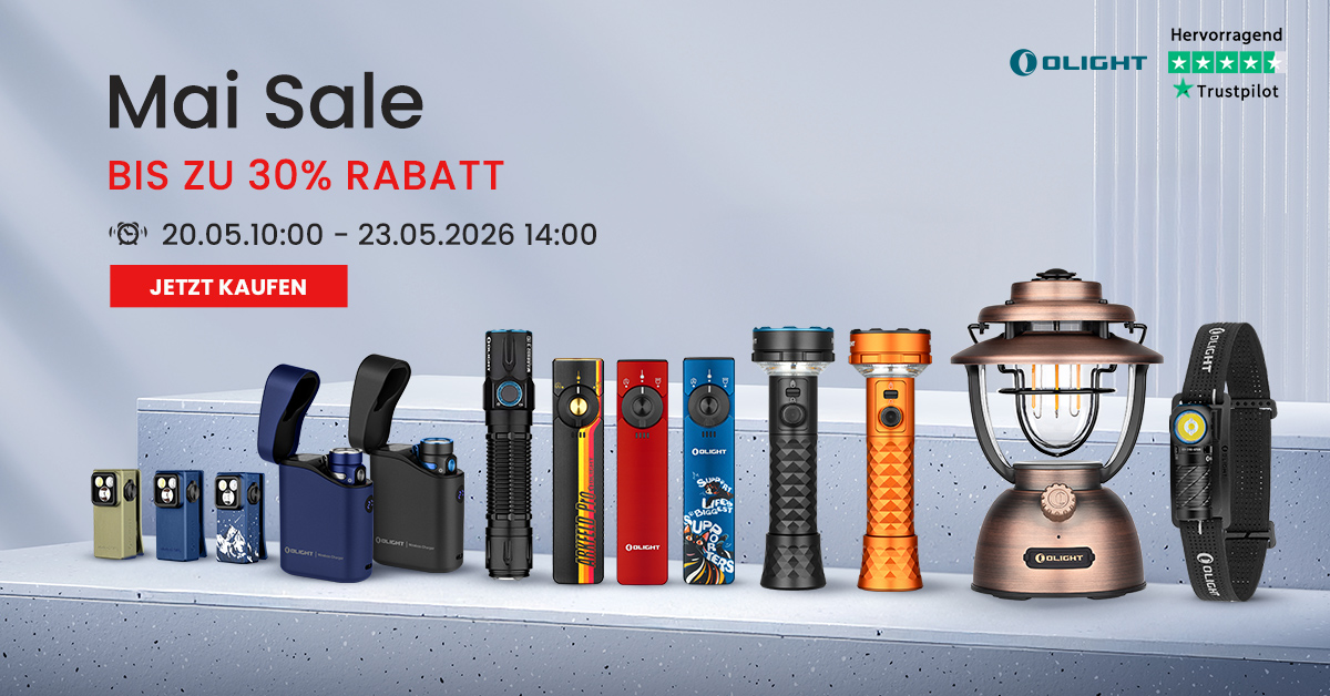 Olight Mai Sale Banner mit bis zu 46% Rabatt auf verschiedene LED-Taschenlampen, Outdoor-Laternen und Stirnlampen.