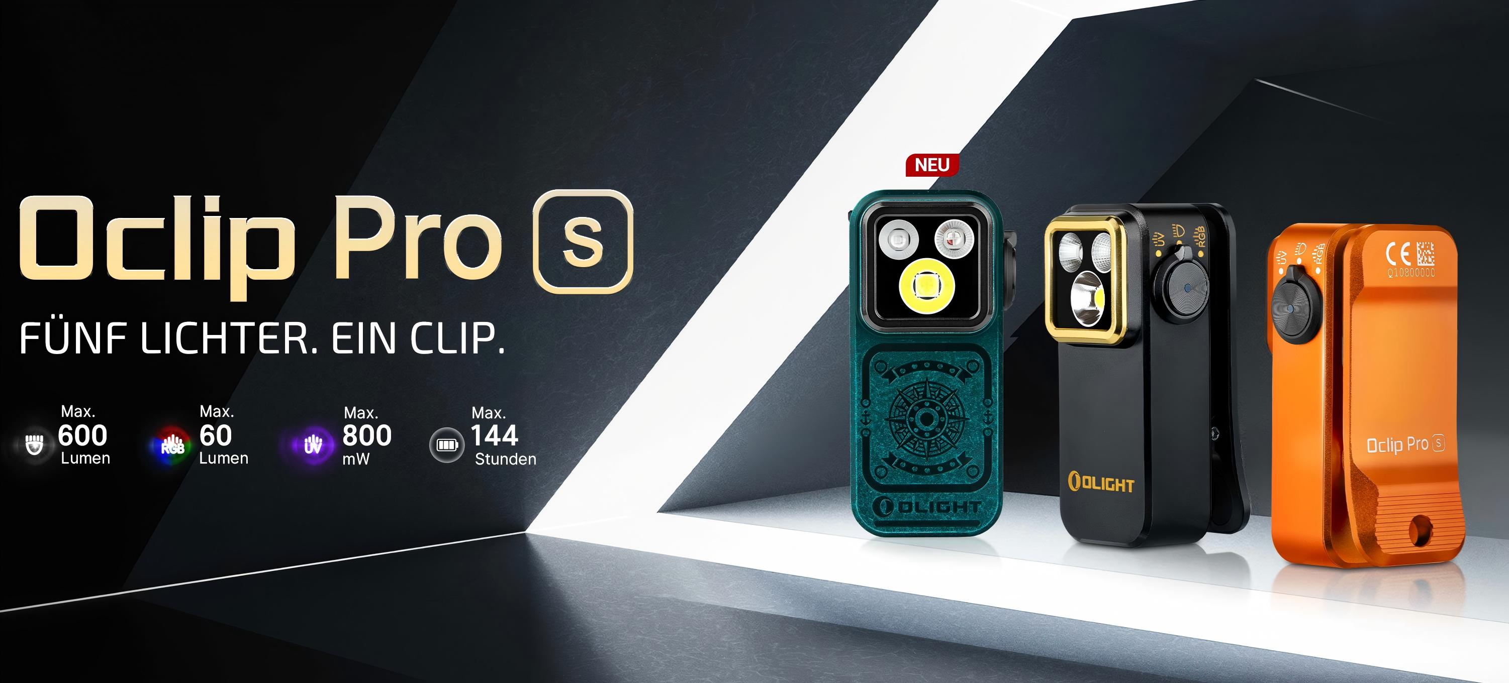 Olight Oclip Pro S Clip-Leuchte in Gr&uuml;n, Schwarz und Orange mit 600 Lumen, RGB-Licht, UV-Licht und bis zu 144 Stunden Akkulaufzeit f&uuml;r EDC und Outdoor.