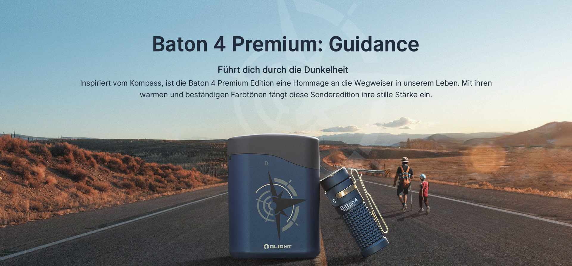 Olight Baton 4 Premium Edition: Guidance Taschenlampe mit Kompass-Ladecase, inspiriert von Wegweisern, die durch die Dunkelheit führt. Vater und Sohn auf Reise.