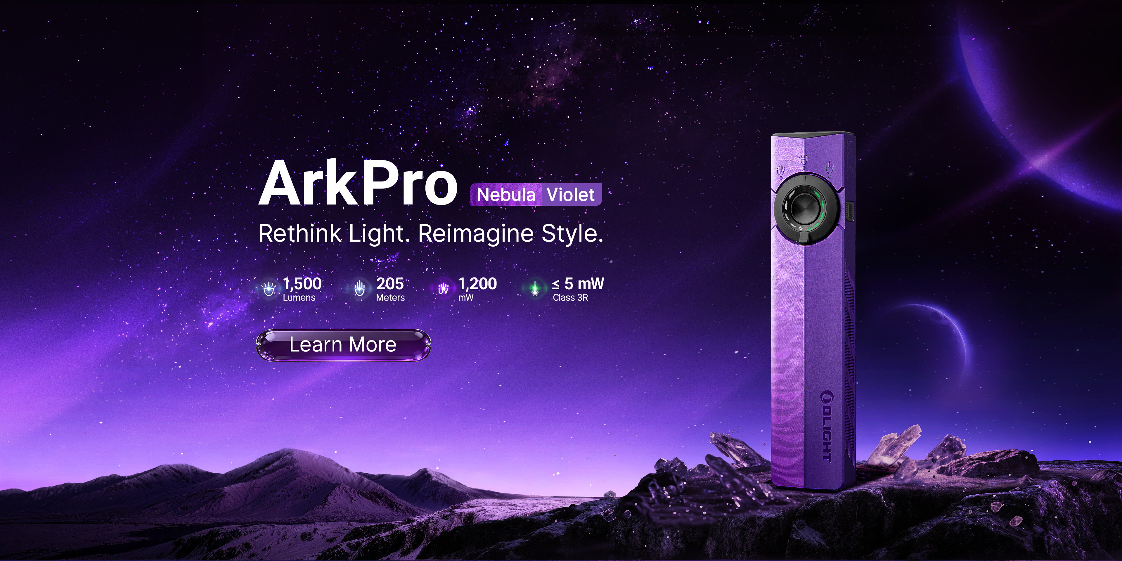 Olight ArkPro Nebula Violet EDC flashlight with 1500 lumens, 205m beam, UV, and green laser, set against a purple cosmic space background.