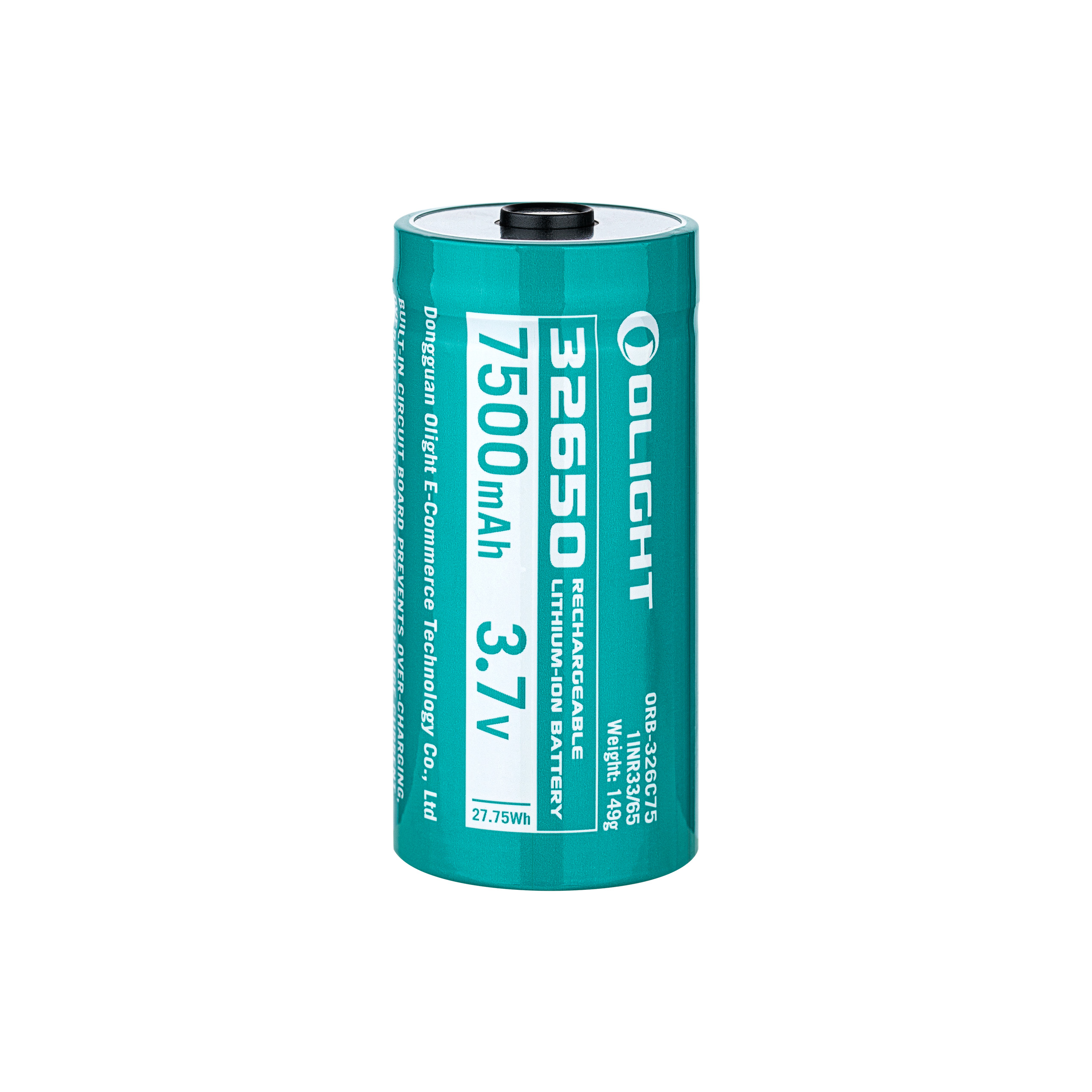 Olight 32650 7500mAh 3.7V rechargeable lithium-ion battery for high-performance flashlights, featuring built-in circuit board protection and 27.75Wh energy capacity.