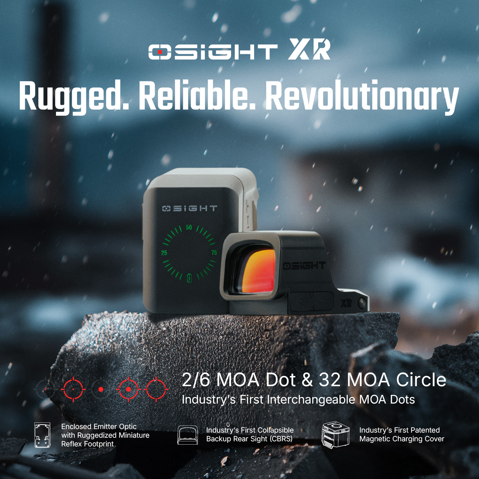 OSIGHT XR enclosed emitter red dot sight featuring interchangeable 2/6 MOA dots, 32 MOA circle, collapsible backup rear sight, and patented magnetic charging cover.