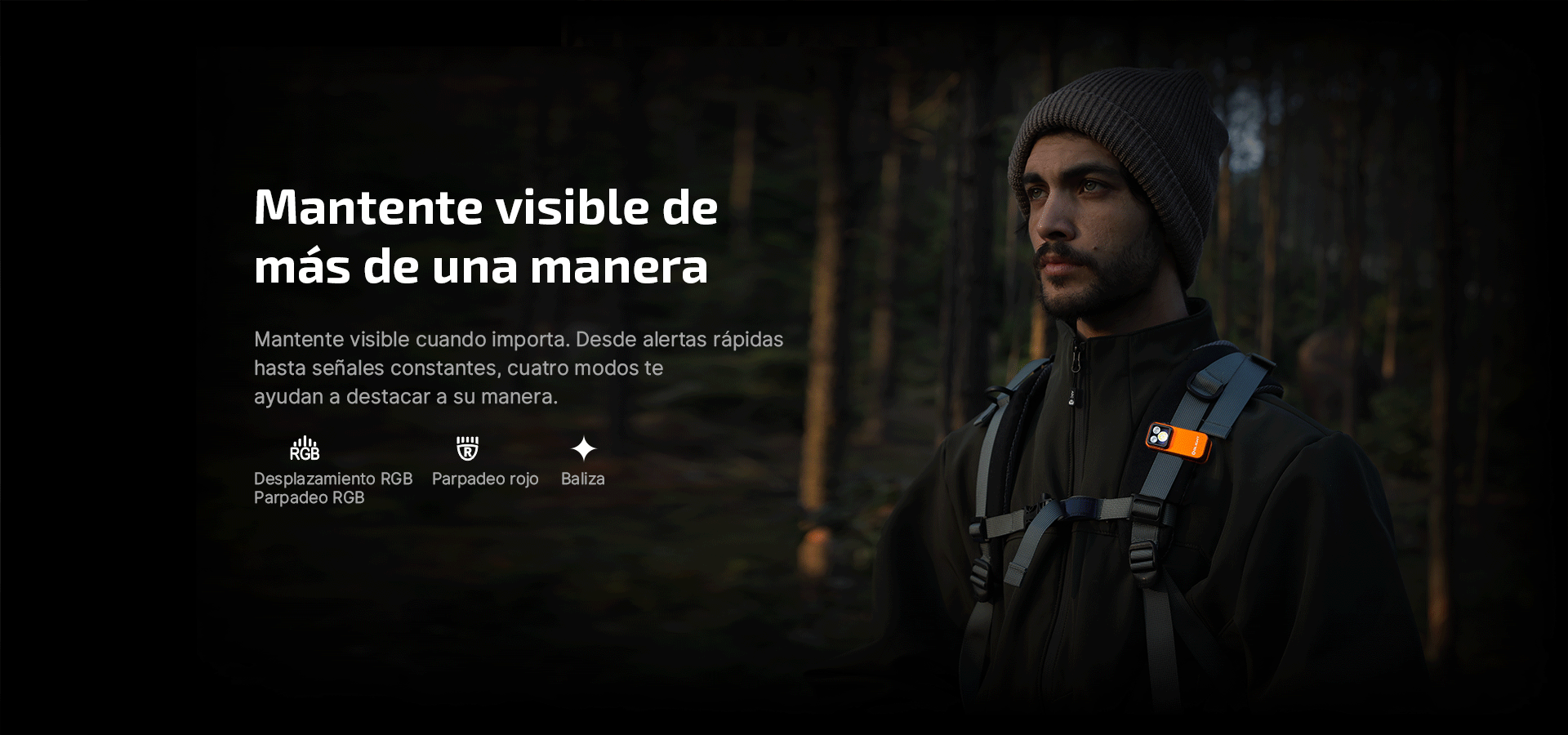 Luz de se&ntilde;alizaci&oacute;n y seguridad Olight para mochila con modos RGB, parpadeo rojo y baliza, ideal para senderismo nocturno y actividades al aire libre.
