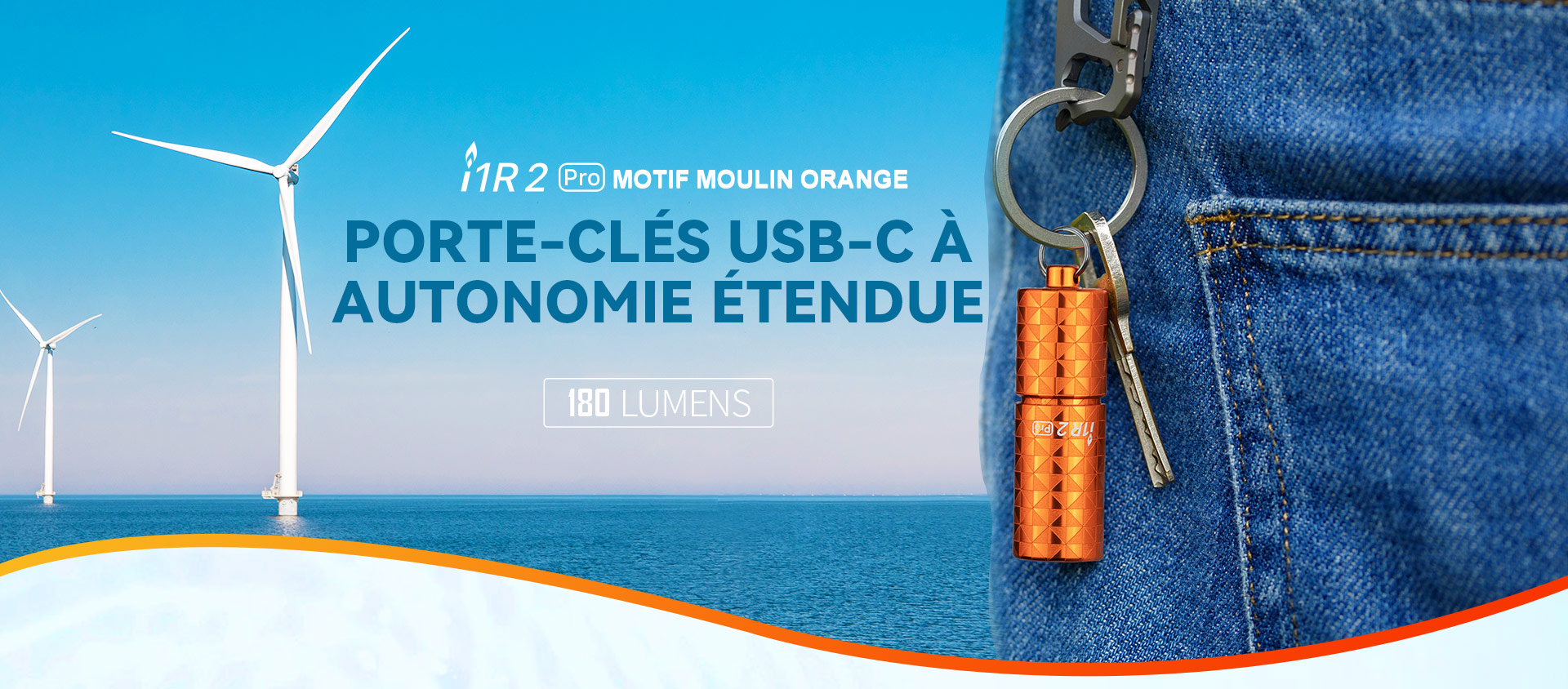 Lampe porte-cl&eacute;s Olight i1R 2 Pro accroch&eacute;e &agrave; un passant de jean