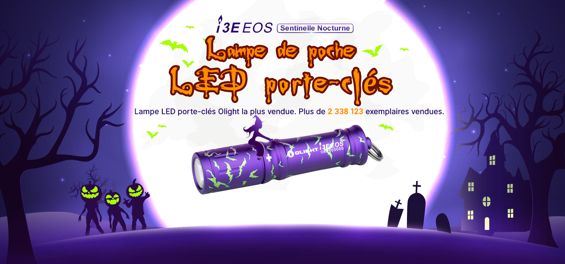 Lampe de poche porte-cl&eacute;s LED Olight i3E EOS Sentinelle Nocturne violette, &eacute;dition sp&eacute;ciale Halloween avec chauves-souris
