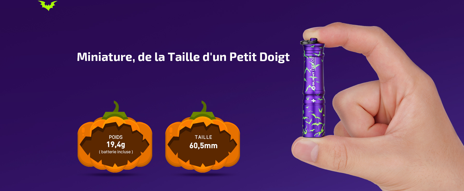 Mini lampe torche porte-cl&eacute;s Olight i3E EOS tenue entre les doigts