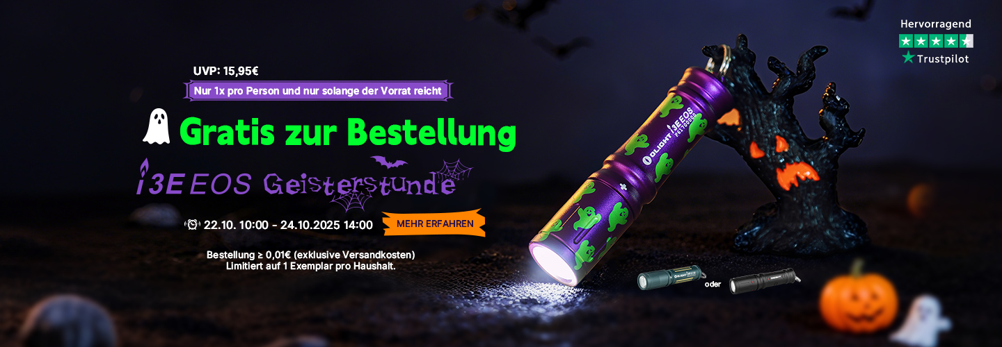 Olight i3E EOS Geisterstunde Taschenlampe gratis zur Bestellung, limitiertes Halloween-Angebot mit hervorragender Trustpilot Bewertung.