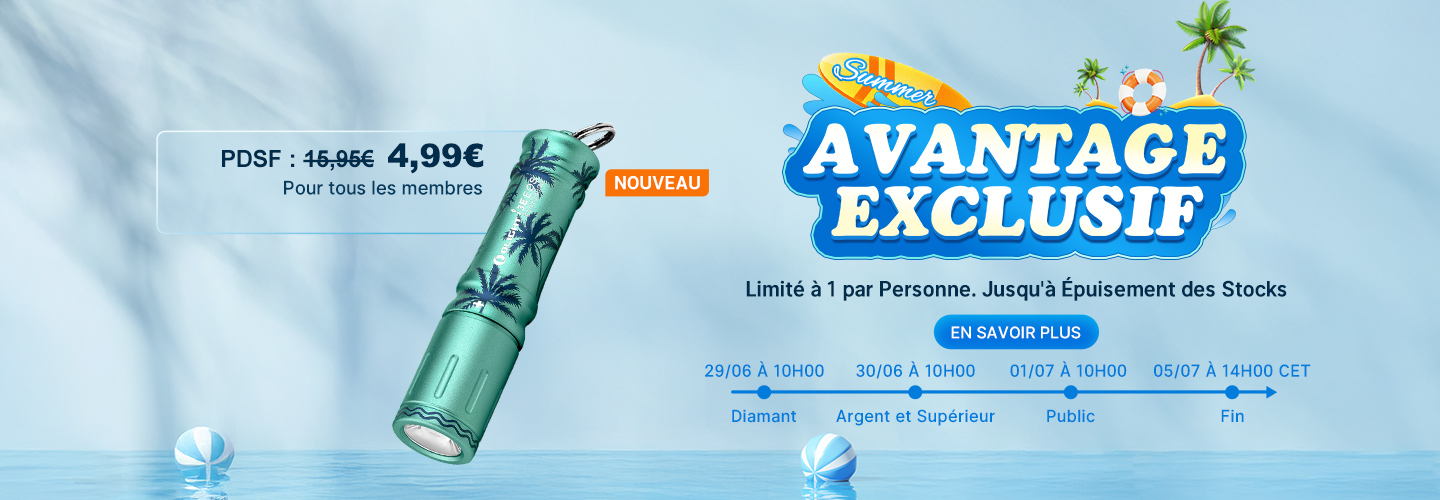 Lampe de poche porte-clés Olight i3E EOS avec un motif de palmiers, en promotion.