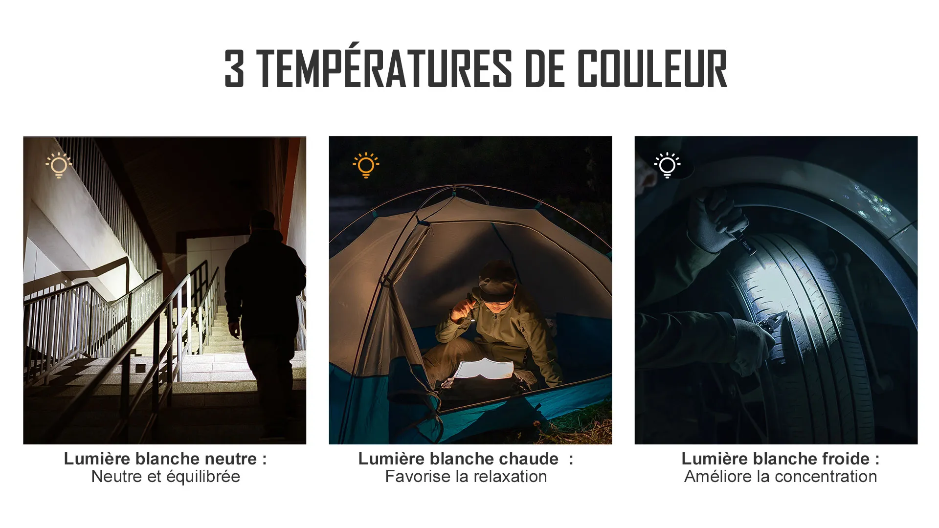 Lampe torche polyvalente &agrave; 3 temp&eacute;ratures de couleur