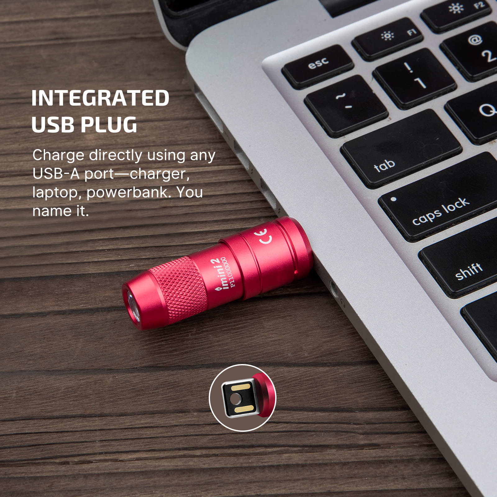 Red Olight imini 2 rechargeable keychain flashlight with integrated USB-A plug