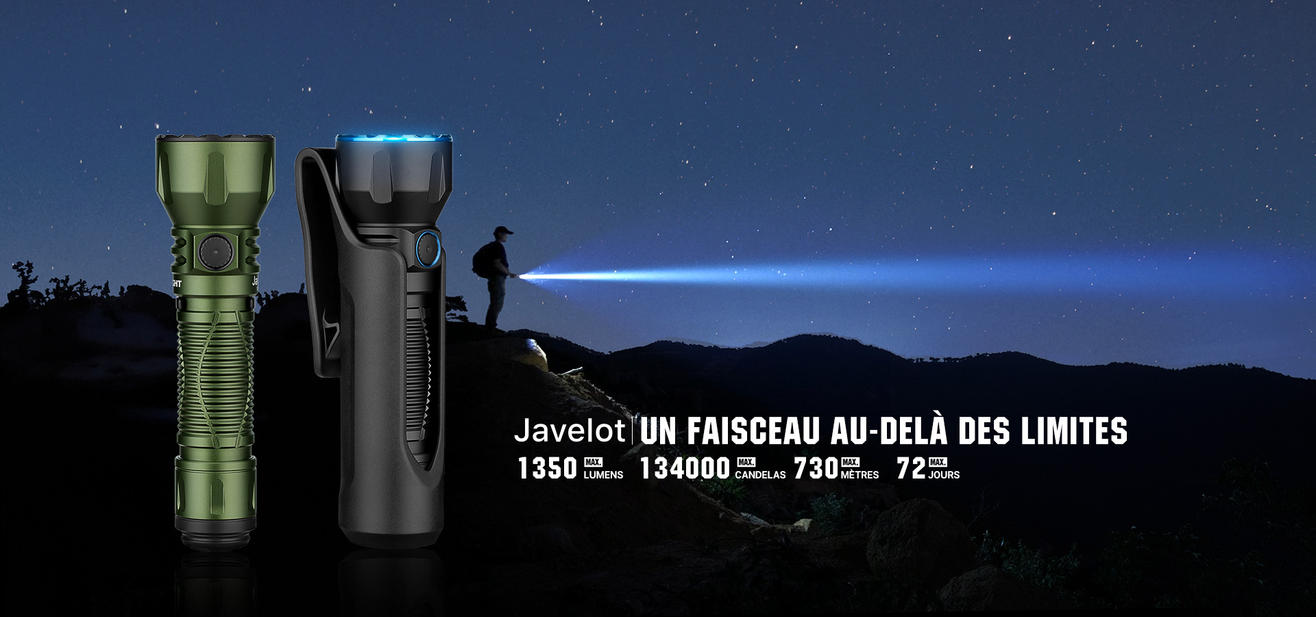 Lampe torche tactique Olight Javelot longue port&eacute;e 1350 lumens et &eacute;tui rigide, faisceau puissant &eacute;clairant la nuit en montagne