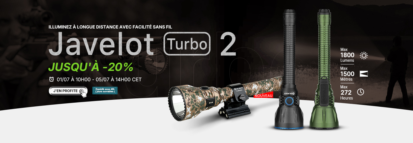 Lampe torche Olight Javelot Turbo 2, incluant un nouveau modèle camouflage. Éclairage longue portée jusqu'à 1800 lumens et 1500 mètres, autonomie 272h. Profitez jusqu'à -20% sur la série Javelot Turbo 2.