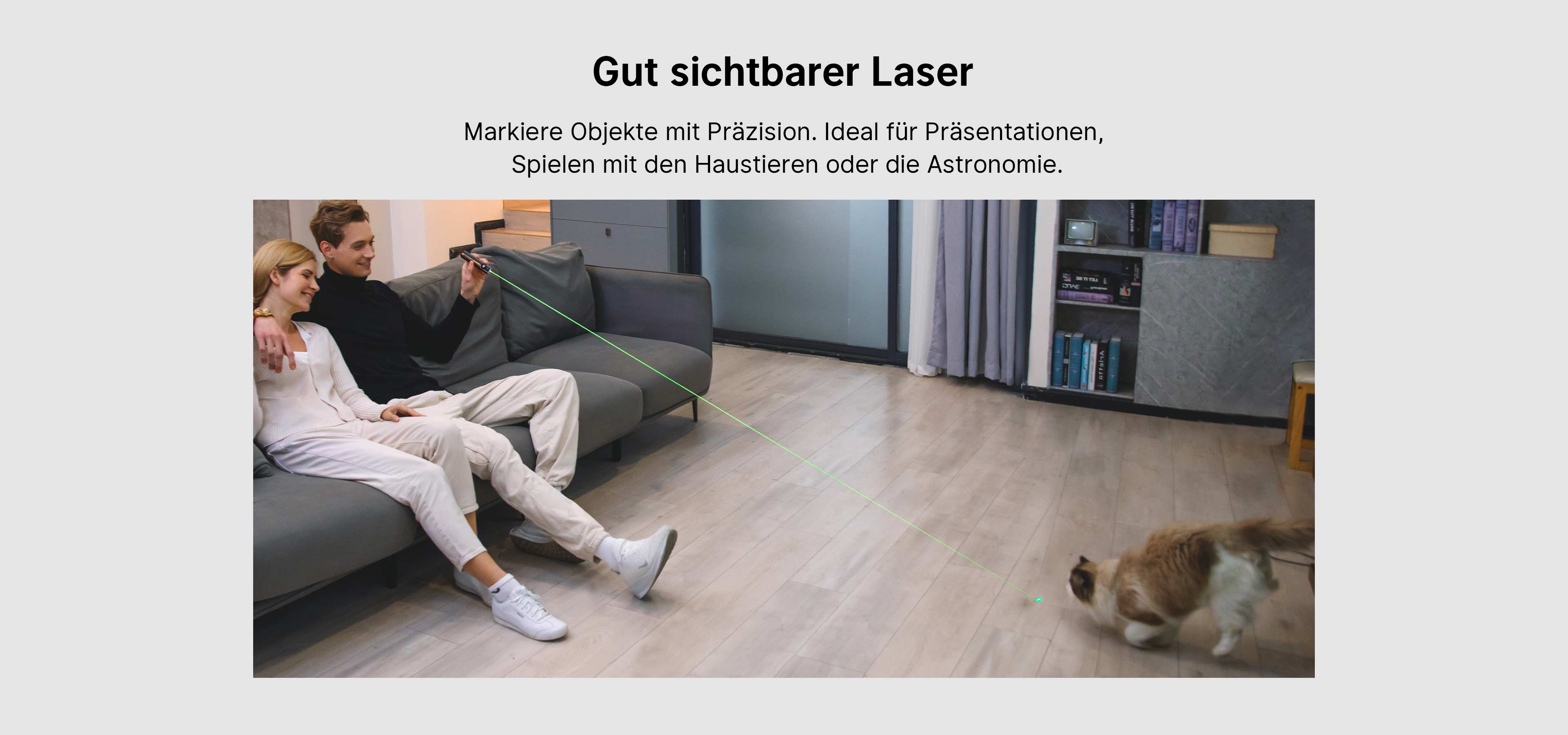 Paar spielt mit gut sichtbarem grünen Laserpointer mit Katze auf Sofa. Vielseitig einsetzbar für Präsentationen, Haustierspiele oder Astronomie.