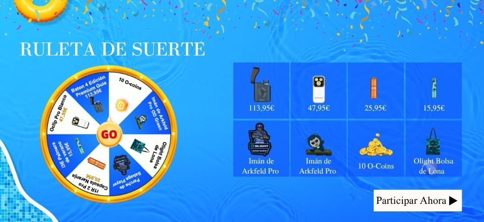 Ruleta de Suerte de Olight con premios de verano: linternas, accesorios y O-coins. Participa y gana productos Olight como Baton 4, Oclip Pro y más.